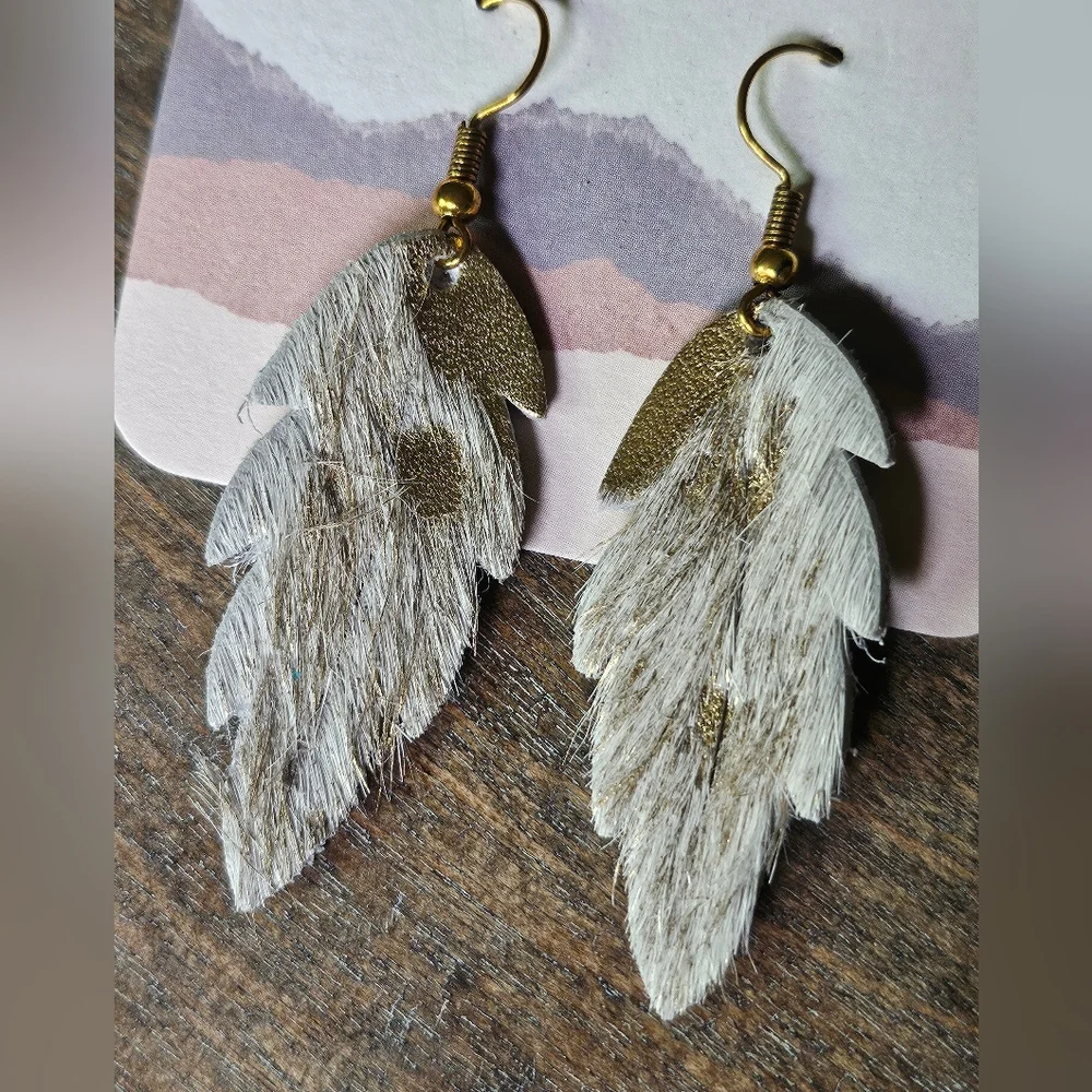 NWT Gold and Cream Leather Feather Earrings
